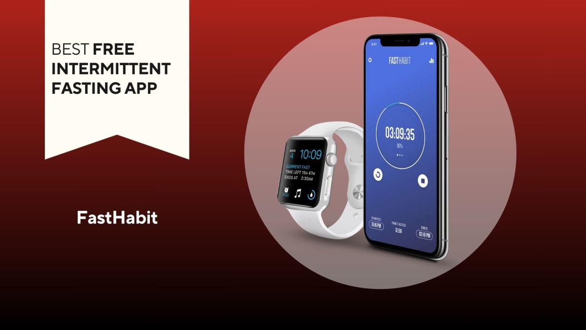 Image of an Apple Watch and an iPhone with the FastHabit app on the screen against a red background.